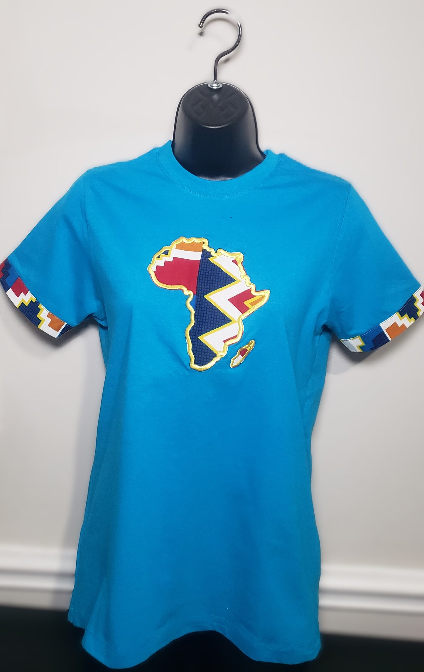Crew Neck Tshirts Embroidered with Kitenge Map of Africa, Afrocentric T-shirts, Unisex Tees,
