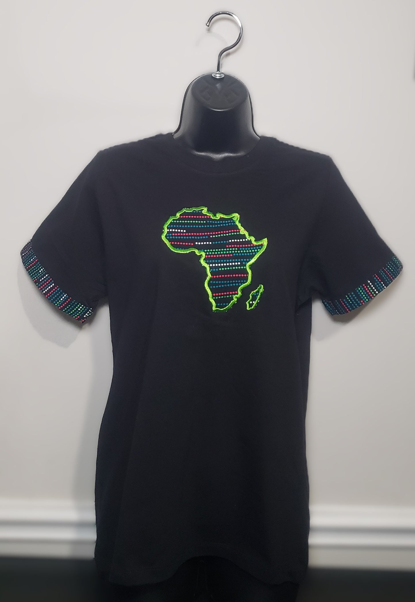 Crew Neck Tshirts Embroidered with Kitenge Map of Africa, Afrocentric T-shirts, Unisex Tees,