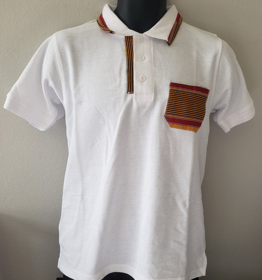African Print Polo T-Shirt- White