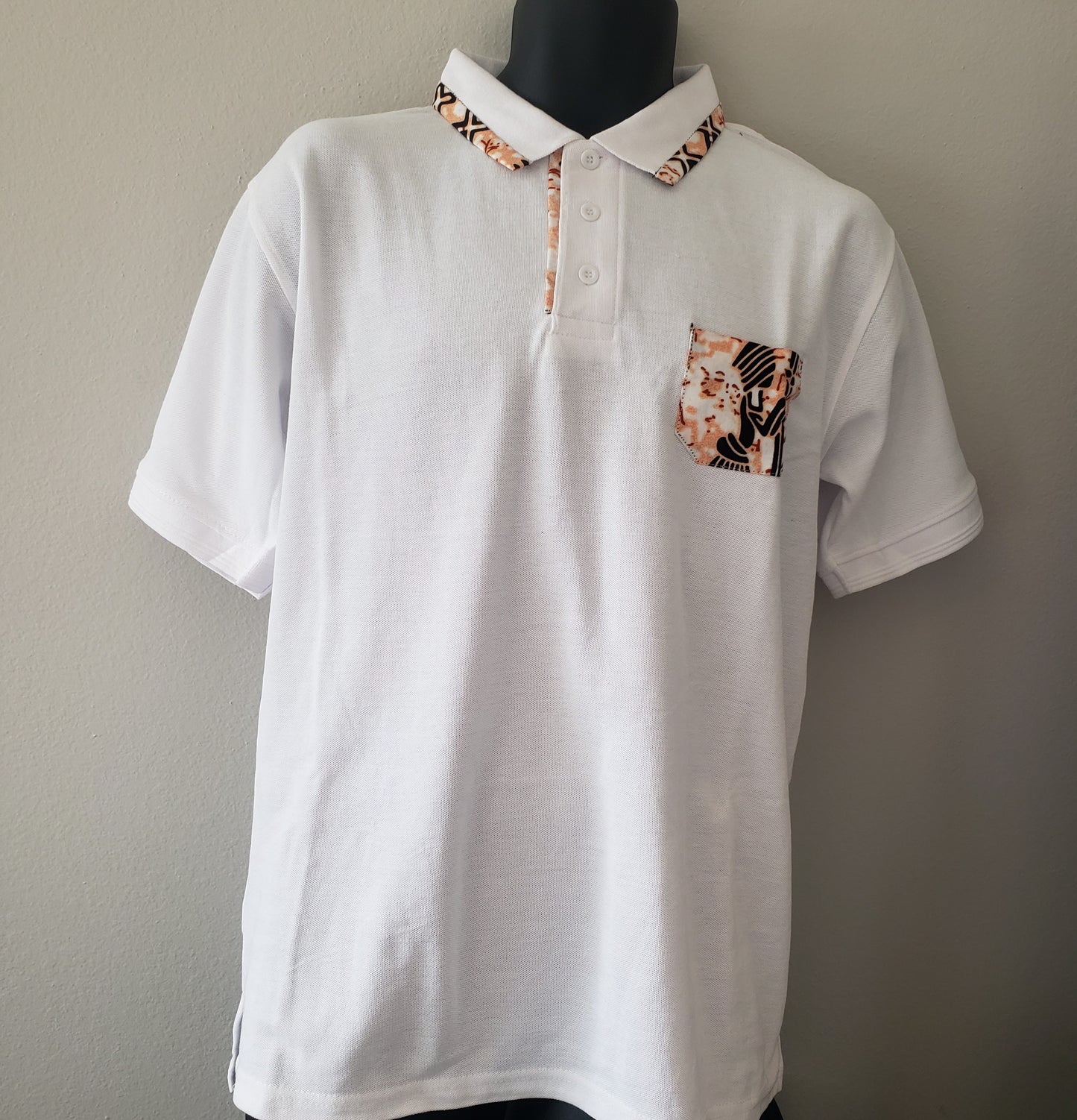 African Print Polo T-Shirt- White